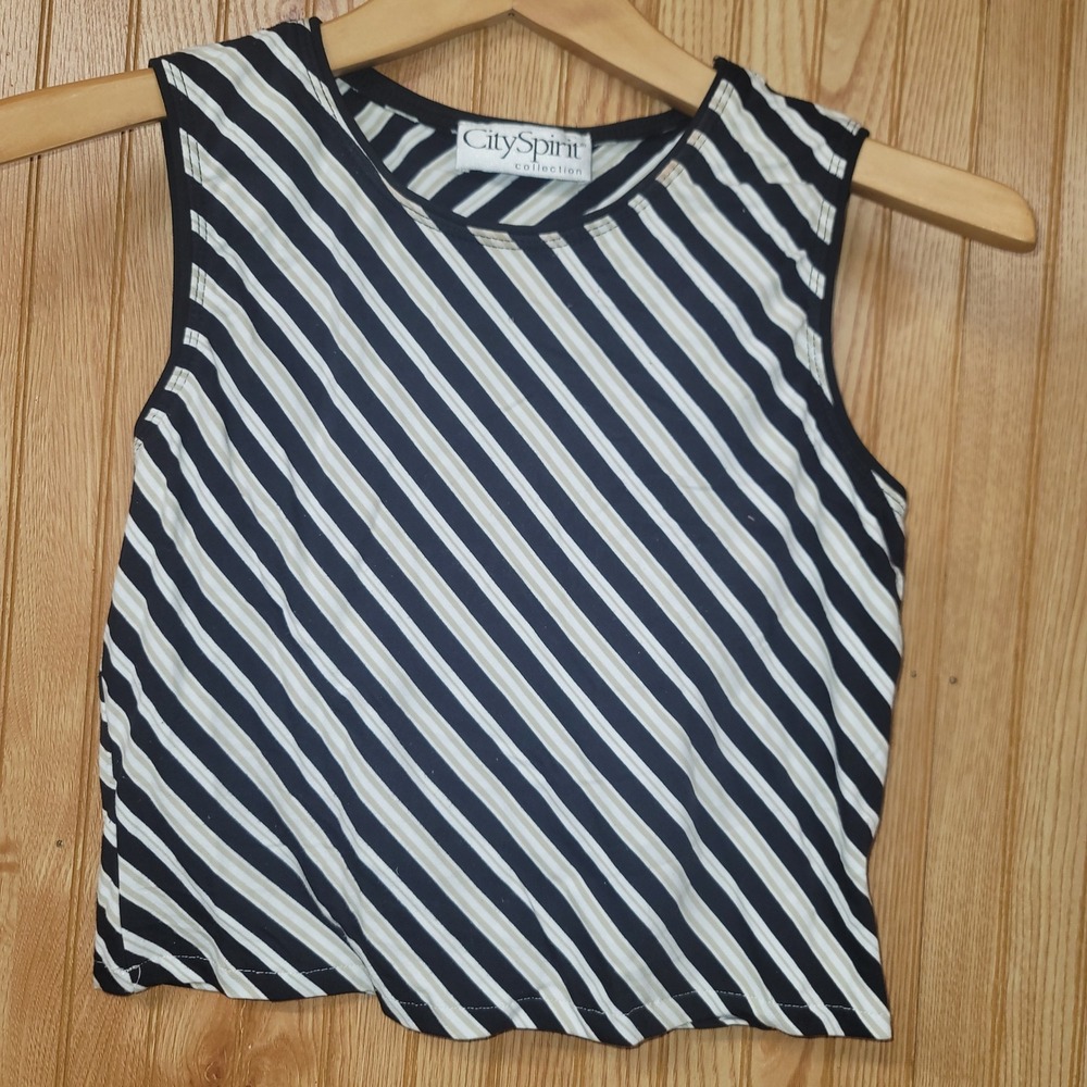 VTG 90s Style Y2K Tiny Striped Sleeveless Tank Black Tan White Small Cropped